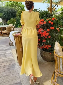 Ensemble 2 pièces pour femme : haut péplum à col en V et manches bouffantes noué sur le devant jupe longue sirène
