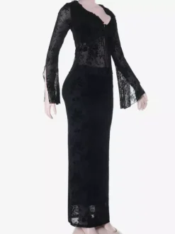 Ensemble 2 pièces pour femme à imprimé floral noir floqué - Haut à manches évasées et n艙ud sur le devant jupe longue - Style gothique en résille transparente idéal pour les soirées 2026