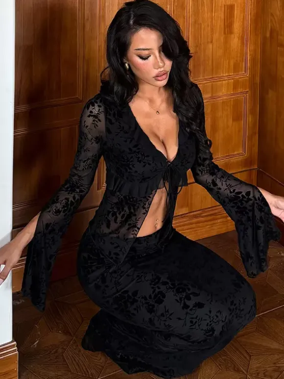 Ensemble 2 pièces pour femme à imprimé floral noir floqué - Haut à manches évasées et n艙ud sur le devant jupe longue - Style gothique en résille transparente idéal pour les soirées 2026