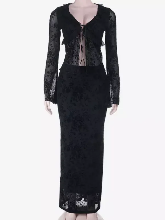 Ensemble 2 pièces pour femme à imprimé floral noir floqué - Haut à manches évasées et n艙ud sur le devant jupe longue - Style gothique en résille transparente idéal pour les soirées 2026