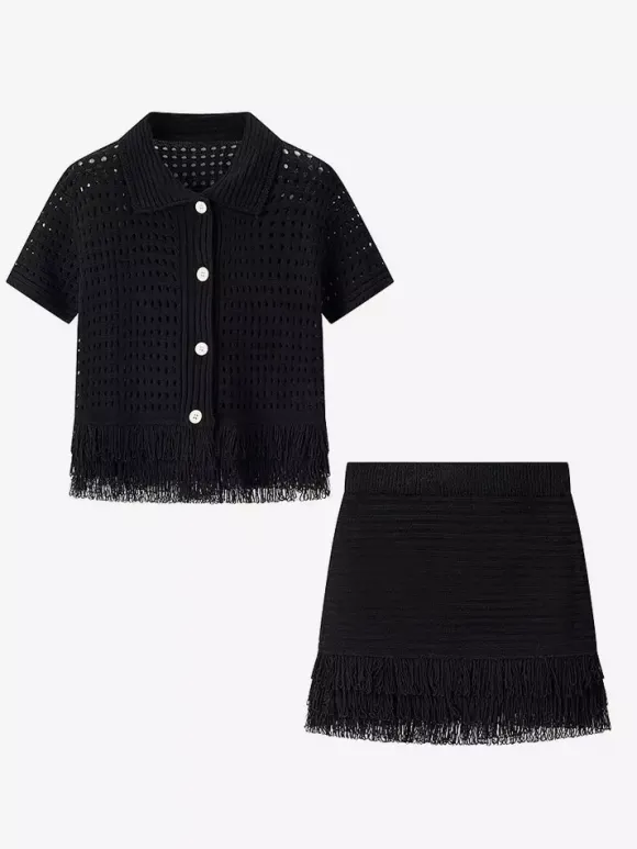 Ensemble 2 pièces pour femme : jupe blanche élégante à franges et revers manches longues.
