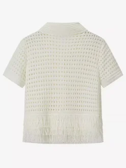 Ensemble 2 pièces pour femme : jupe blanche élégante à franges et revers manches longues.