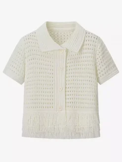 Ensemble 2 pièces pour femme : jupe blanche élégante à franges et revers manches longues.