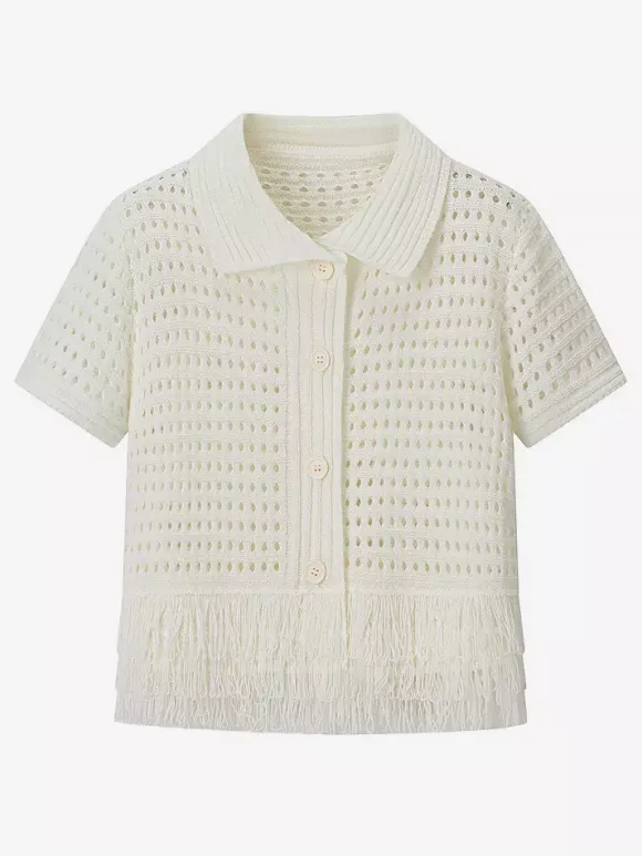 Ensemble 2 pièces pour femme : jupe blanche élégante à franges et revers manches longues.