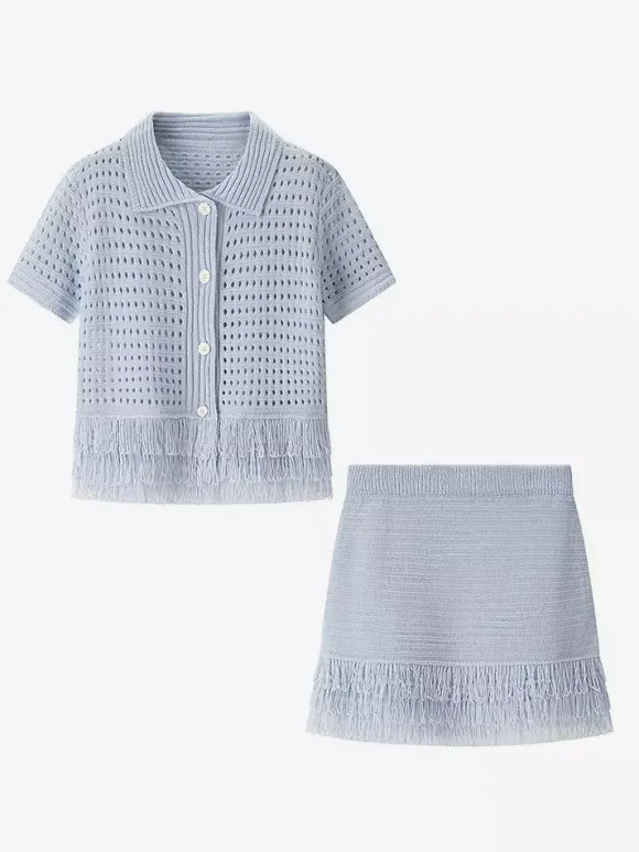 Ensemble 2 pièces pour femme : jupe blanche élégante à franges et revers manches longues.