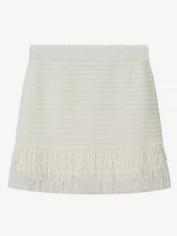 Ensemble 2 pièces pour femme : jupe blanche élégante à franges et revers manches longues.