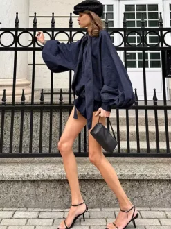 Ensemble 2 pièces short et chemise à manches bouffantes short élastique style décontracté pour femme