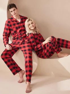 Ensemble Pyjama Polaire Chaud Hiver 2 Pièces Col Rabattu Manches Longues Carreaux Coton