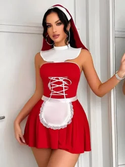 Ensembles 4 pièces de costumes de nonne sexy pour femmes : haut et jupe.