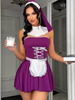 Ensembles 4 pièces de costumes de nonne sexy pour femmes : haut et jupe.