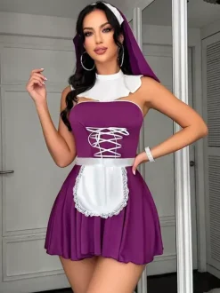 Ensembles 4 pièces de costumes de nonne sexy pour femmes : haut et jupe.
