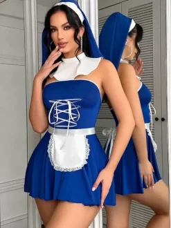 Ensembles 4 pièces de costumes de nonne sexy pour femmes : haut et jupe.