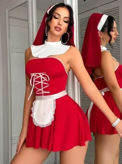 Ensembles 4 pièces de costumes de nonne sexy pour femmes : haut et jupe.