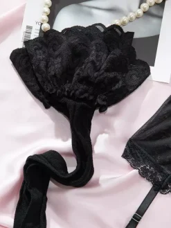 Ensembles 3 pièces de lingerie collants et bas résille noirs à imprimé floral