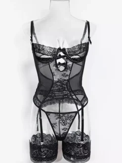 Ensembles 3 pièces de lingerie collants et bas résille noirs à imprimé floral