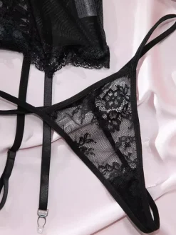 Ensembles 3 pièces de lingerie collants et bas résille noirs à imprimé floral