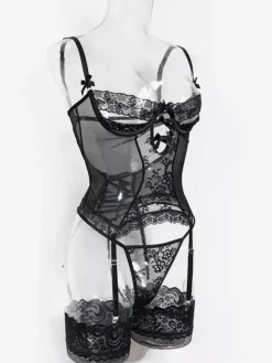 Ensembles 3 pièces de lingerie collants et bas résille noirs à imprimé floral