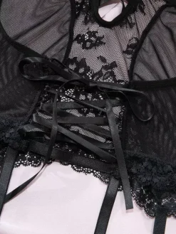 Ensembles 3 pièces de lingerie collants et bas résille noirs à imprimé floral