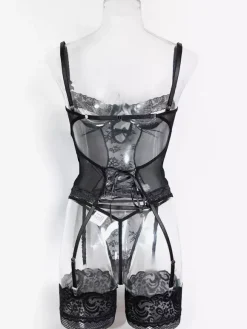 Ensembles 3 pièces de lingerie collants et bas résille noirs à imprimé floral