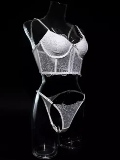 Ensembles 2 pièces de lingerie de mariée : soutien-gorge et culotte blancs en dentelle à volants