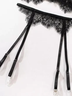 Ensembles 3 pièces de lingerie en dentelle : soutien-gorge et culotte noirs à lacets
