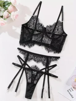 Ensembles 3 pièces de lingerie en dentelle : soutien-gorge et culotte noirs à lacets