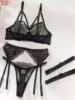 Ensembles 4 pièces de lingerie en dentelle : soutien-gorge et culotte noirs à lacets ajustables