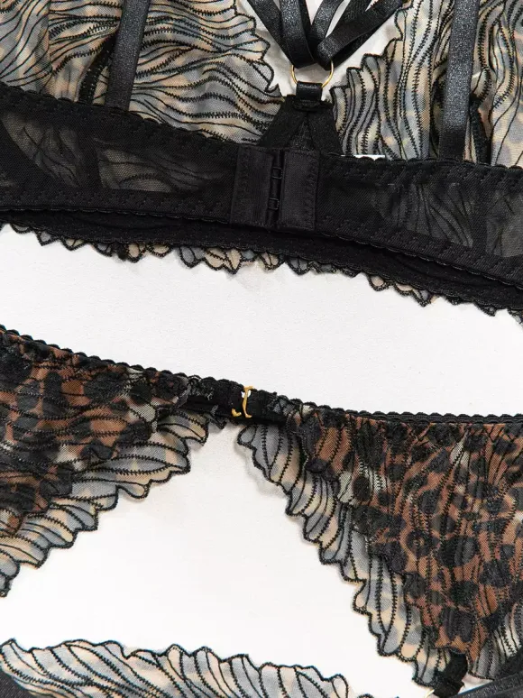 Ensembles 4 pièces de lingerie en dentelle : soutien-gorge et culotte noirs à lacets ajustables