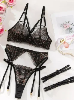 Ensembles 4 pièces de lingerie en dentelle : soutien-gorge et culotte noirs à lacets ajustables