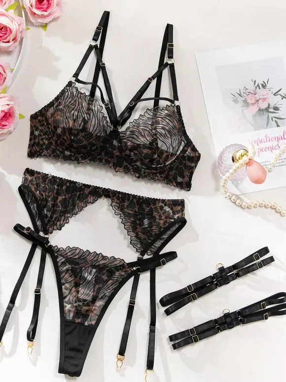 Ensembles 4 pièces de lingerie en dentelle : soutien-gorge et culotte noirs à lacets ajustables