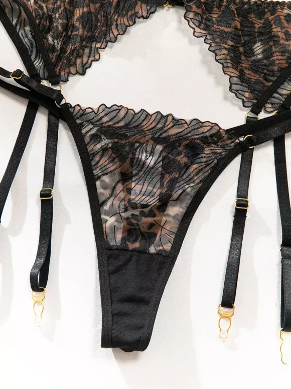 Ensembles 4 pièces de lingerie en dentelle : soutien-gorge et culotte noirs à lacets ajustables