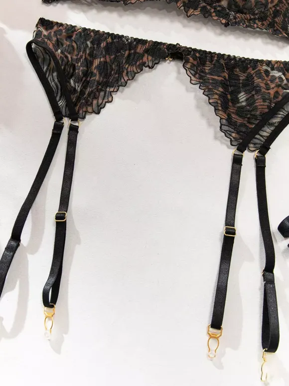Ensembles 4 pièces de lingerie en dentelle : soutien-gorge et culotte noirs à lacets ajustables