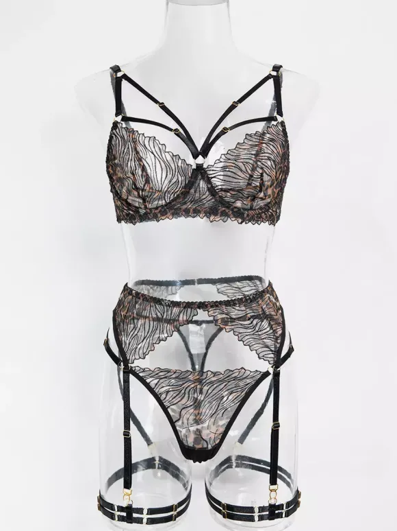 Ensembles 4 pièces de lingerie en dentelle : soutien-gorge et culotte noirs à lacets ajustables