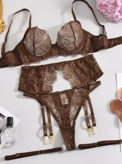 Ensembles 4 pièces en dentelle transparente soutien-gorge jarretière et string marron café avec dentelle cils.