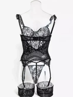 Ensembles 3 pièces sexy en lingerie collants et bas résille noirs à imprimé floral découpé