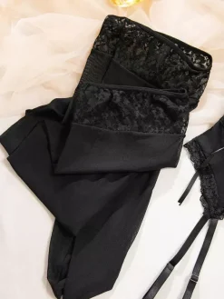 Ensembles 3 pièces sexy en lingerie collants et bas résille noirs à imprimé floral découpé