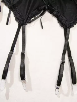 Ensembles 3 pièces sexy en lingerie collants et bas résille noirs à imprimé floral découpé