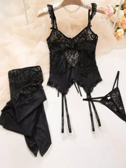Ensembles 3 pièces sexy en lingerie collants et bas résille noirs à imprimé floral découpé