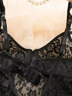 Ensembles 3 pièces sexy en lingerie collants et bas résille noirs à imprimé floral découpé