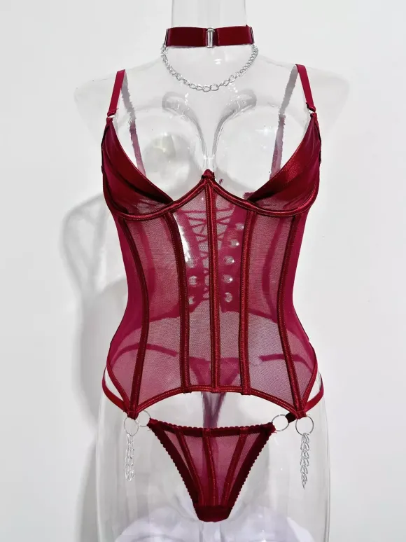 Ensembles de corsets et pantalons bordeaux en polyester dos nu à lacets ensembles de lingerie sexy d'intérieur