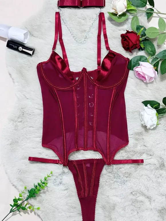 Ensembles de corsets et pantalons bordeaux en polyester dos nu à lacets ensembles de lingerie sexy d'intérieur