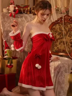 Ensembles De Costumes De Noël Robe De Nuit Rouge En Velours