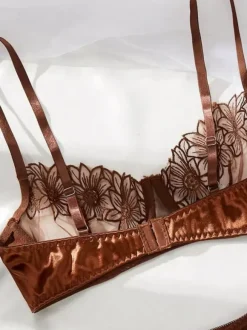 Ensembles de lingerie 2 pièces : soutien-gorge et culotte en dentelle transparente marron et résille transparente.