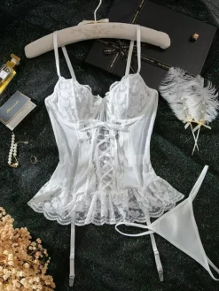 Ensembles de lingerie de mariée en dentelle blanche avec n艙ud bustier et culotte deux pièces