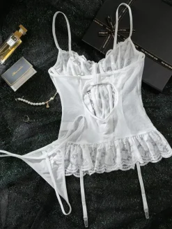 Ensembles de lingerie de mariée en dentelle blanche avec n艙ud bustier et culotte deux pièces