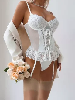 Ensembles de lingerie de mariée en dentelle blanche avec n艙ud bustier et culotte deux pièces