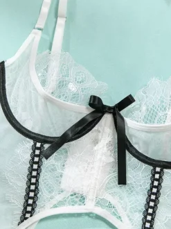 Ensembles de lingerie de mariée pyjamas n艙uds blancs lingerie d'intérieur transparente 5 pièces