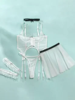 Ensembles de lingerie de mariée pyjamas n艙uds blancs lingerie d'intérieur transparente 5 pièces
