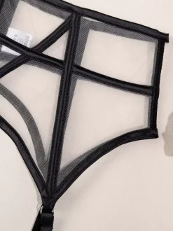 Ensembles de lingerie en dentelle noire à bretelles soutien-gorge cage culotte et porte-jarretelles