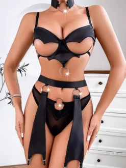 Ensembles de lingerie sexy avec soutien-gorge découpé et culotte noire 3 pièces pour adultes